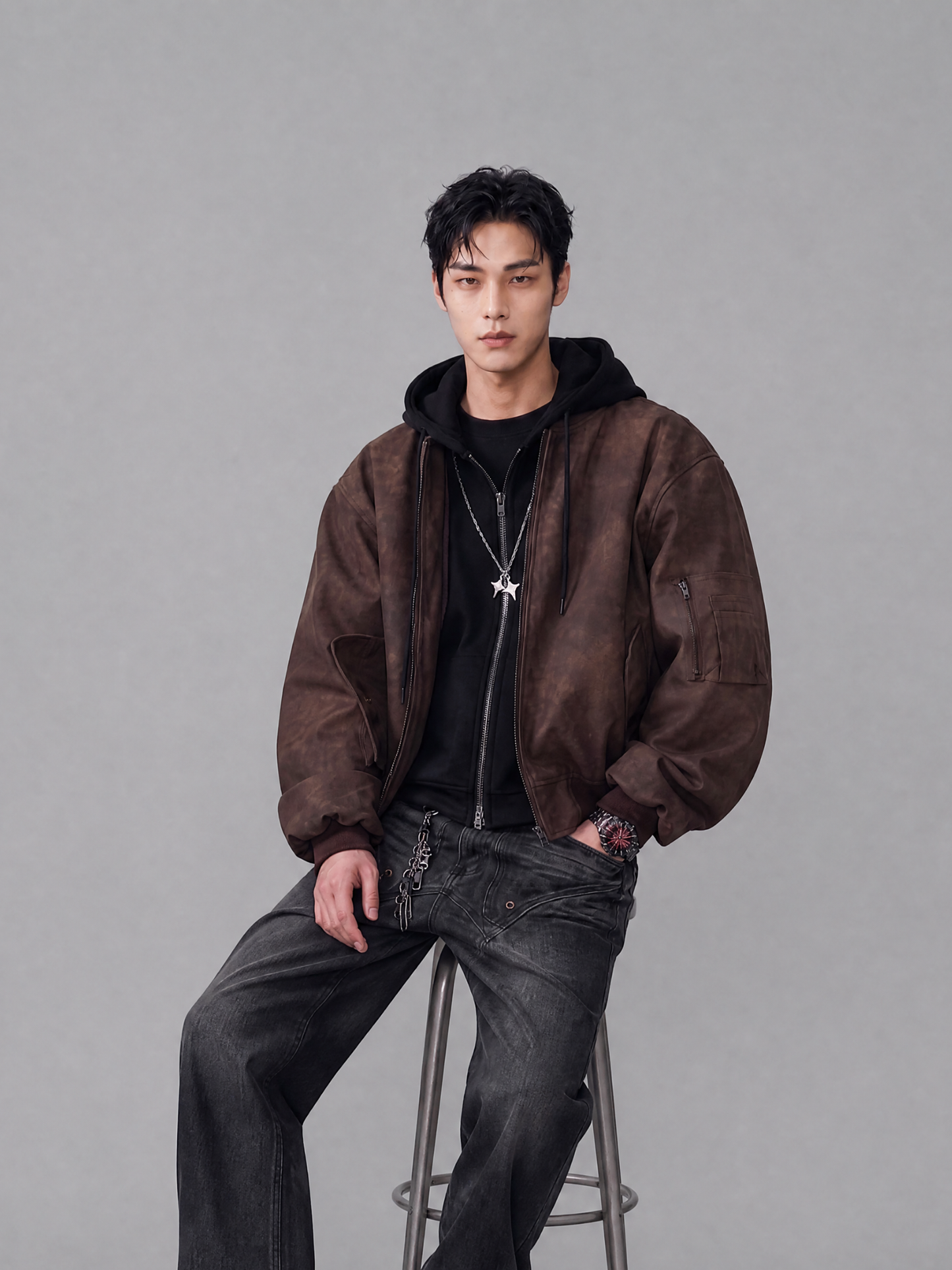 Hooded Bomber Jacket - Faux-Leather Flight Style *done