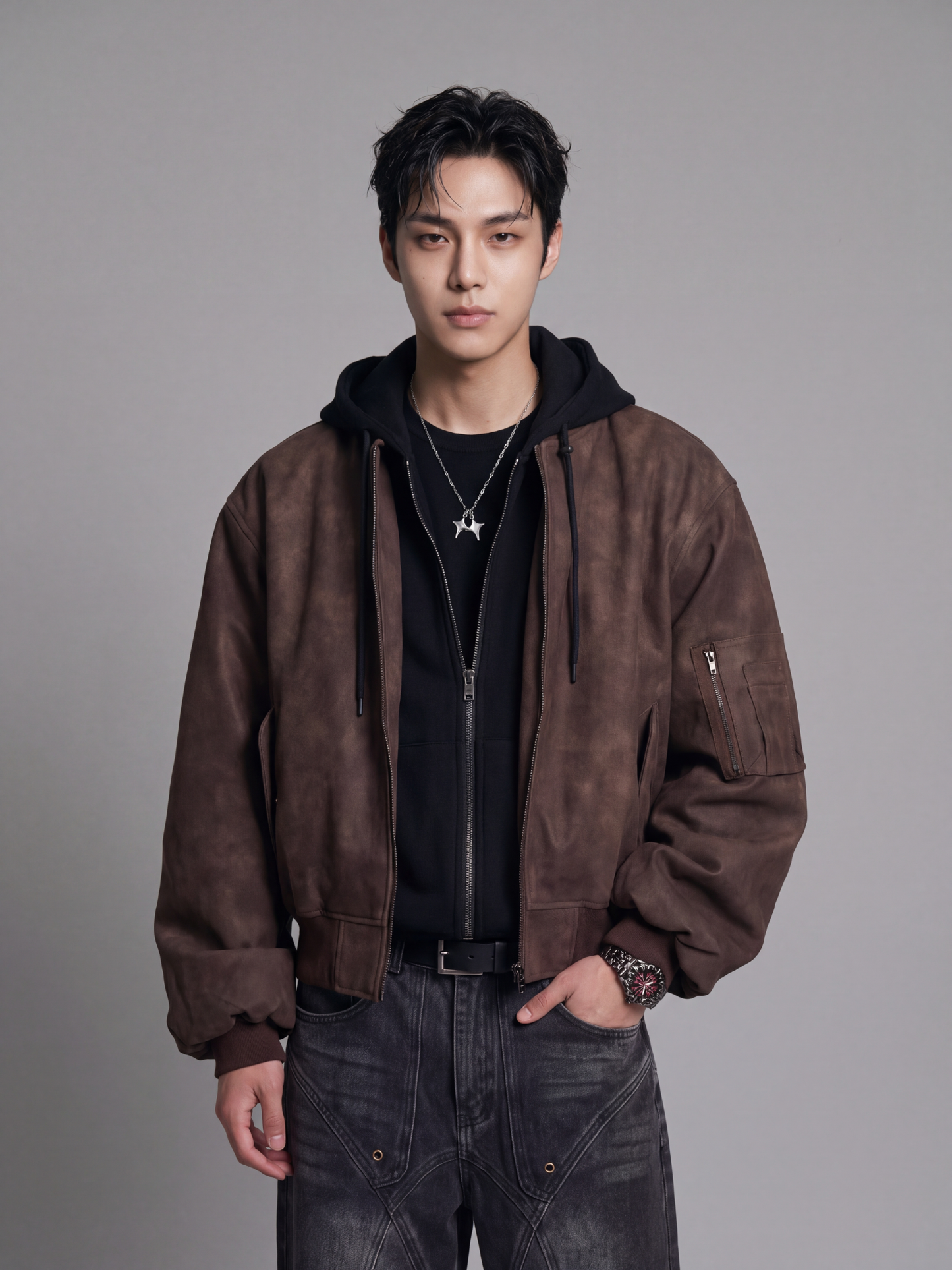 Hooded Bomber Jacket - Faux-Leather Flight Style *done