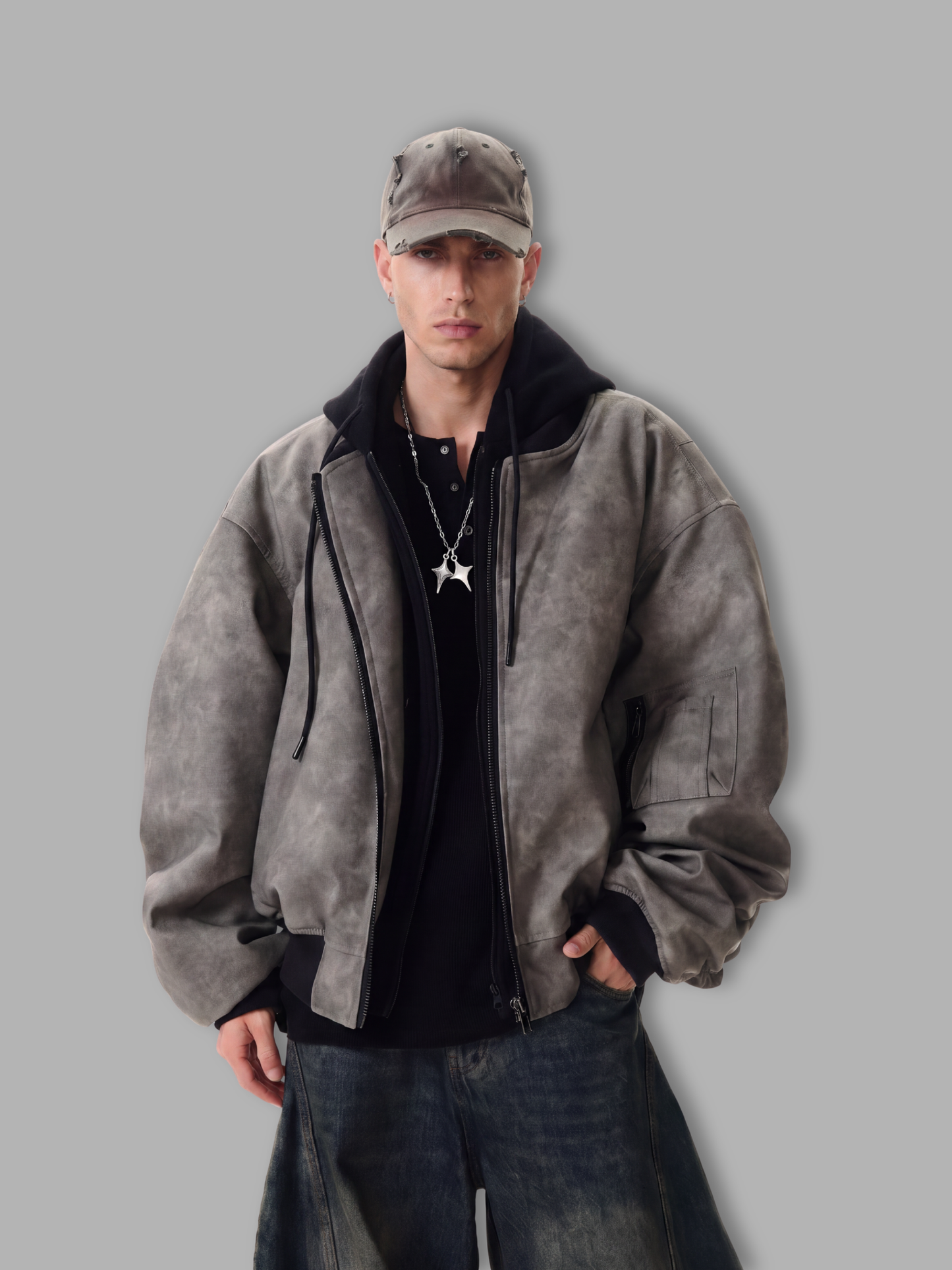Heavyweight Bomber Jacket - Layered-Look Hooded Bomber