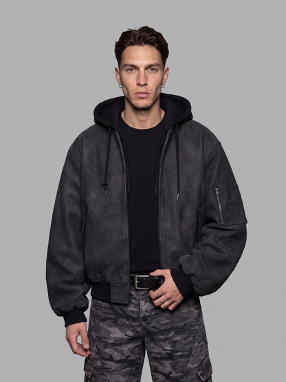 Hooded Bomber Jacket - Faux-Leather Flight Style *done